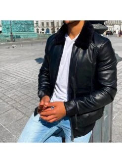 Black Artificial Leather Zipper Down Men Jackets