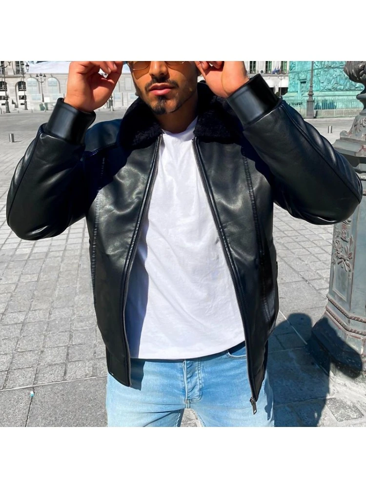 Black Artificial Leather Zipper Down Men Jackets 2 Black Artificial Leather Zipper Down Men Jackets - Image 2