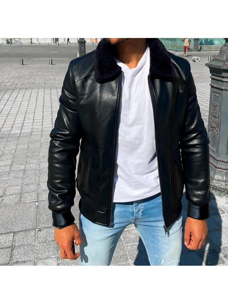 Black Artificial Leather Zipper Down Men Jackets 3 Black Artificial Leather Zipper Down Men Jackets - Image 3