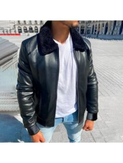Black Artificial Leather Zipper Down Men Jackets 7 Black Artificial Leather Zipper Down Men Jackets -ZHANG Clothing Shop P 20221101182612938 812