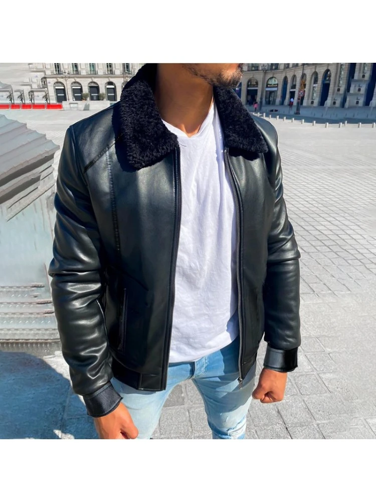Black Artificial Leather Zipper Down Men Jackets 4 Black Artificial Leather Zipper Down Men Jackets - Image 4