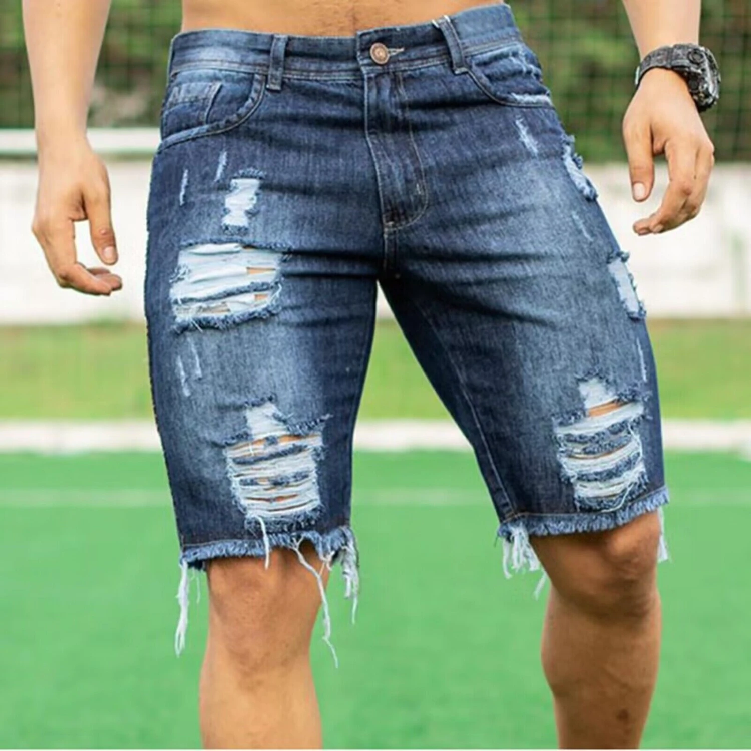 Blue Ripped Straight Leg Half Length Denim Pants 1 Blue Ripped Straight Leg Half Length Denim Pants