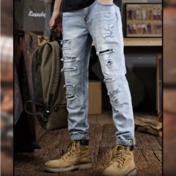 Washed Ripped Denim Mid-rise Jeans