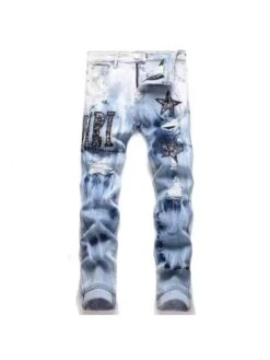 Distressed Denim Star Embroidery Jeans